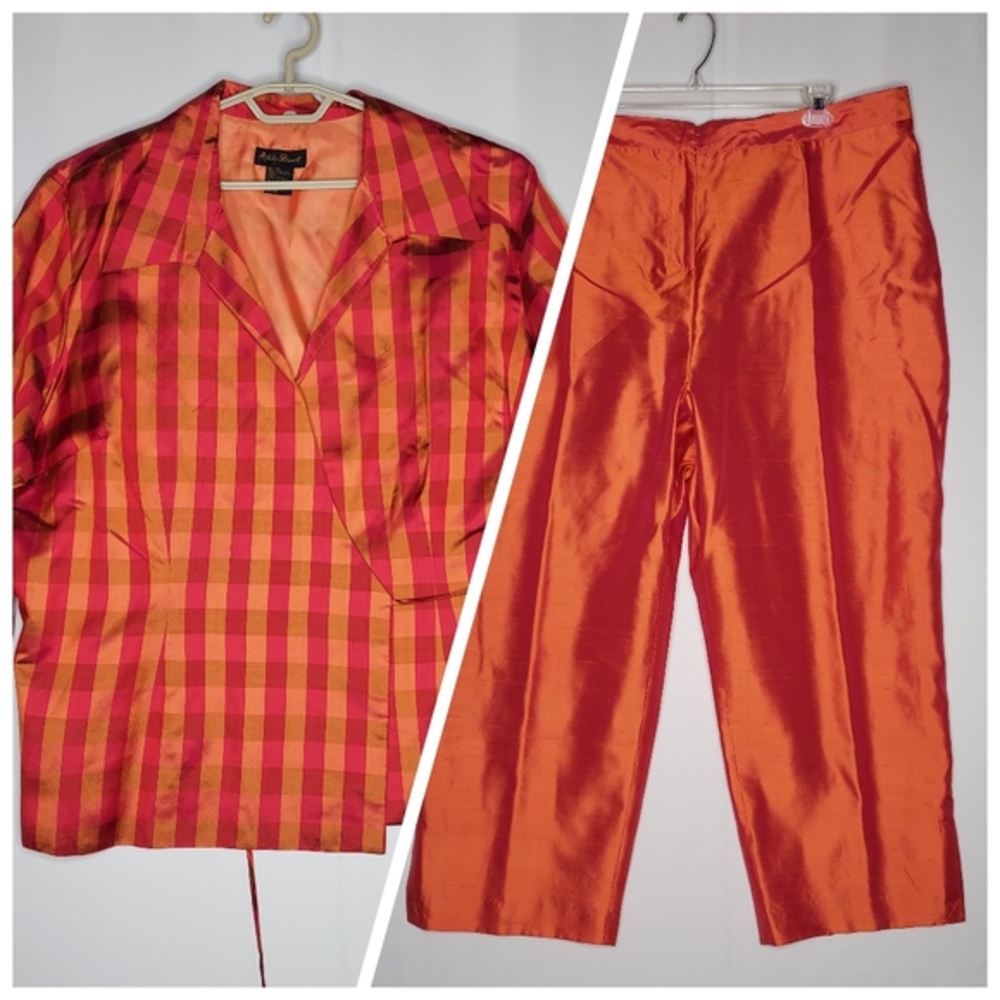 Vtg Ashley Stewart Women Dupioni Silk Plaid Pantsuit 26 Wrap Chic Glam Country
